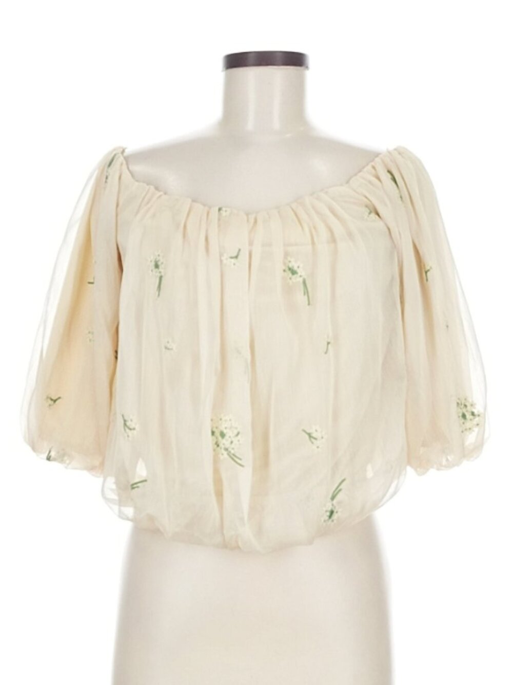 aeom Floral Embroidered Off Shoulder Crop Top Cream Puff Sleeve Medium